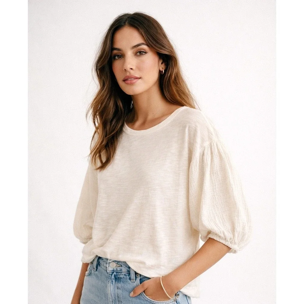 Anthropologie Velvet by Graham Margot Puffy Gauze Sleeve Top S - Picture 1 of 10